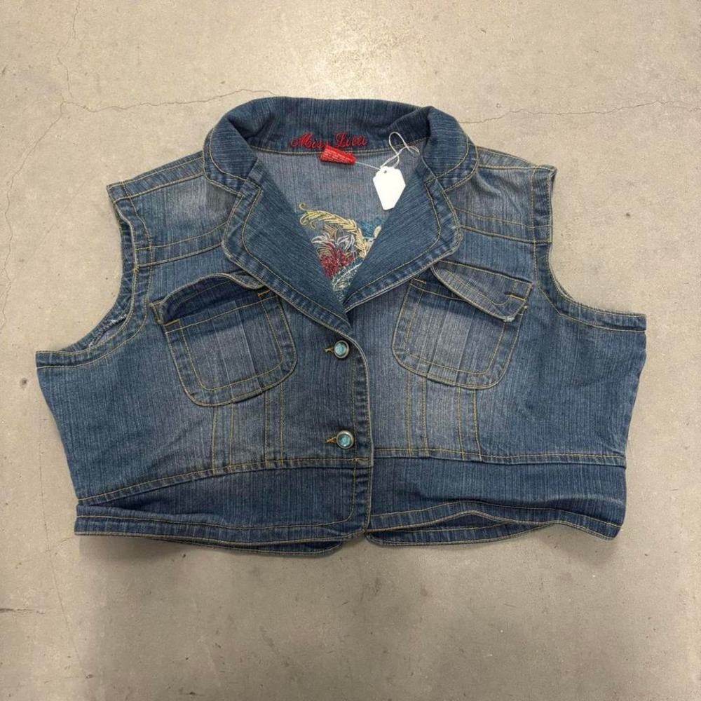 Y2K denim vest floral and feather embroidered cropped vest.